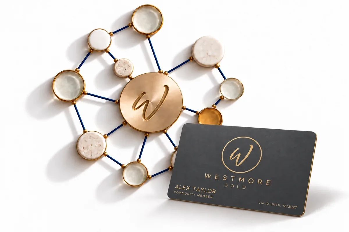 Westmore community sculpture with a charcoal Westmore Gold membership card